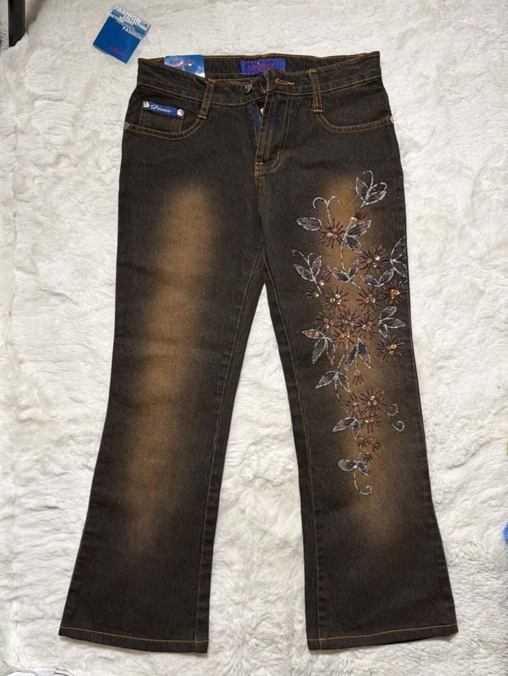 Gina Embroidered Beaded Pintuck Stretch Flare Jeans Size 1/2